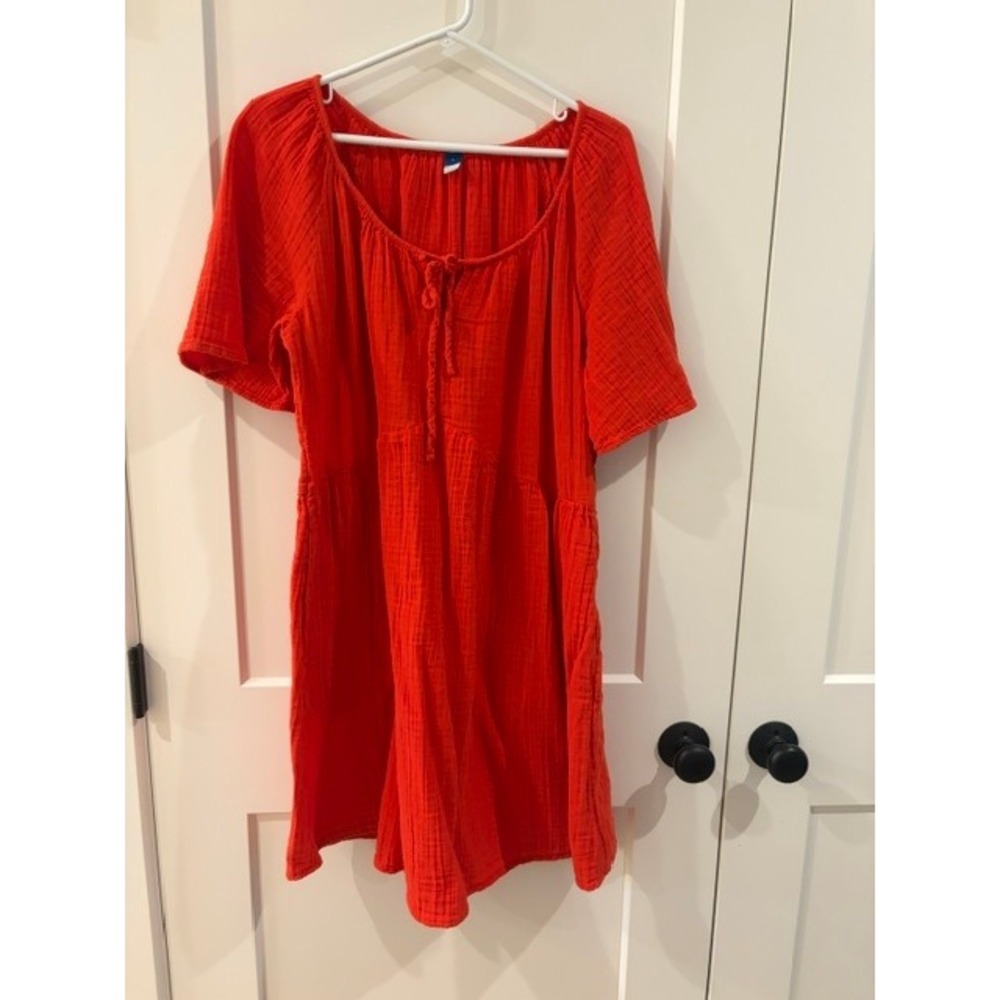 Old Navy Womens Cotton Gauze Short Sleeve Tiered Mini Dress Orange Red Large